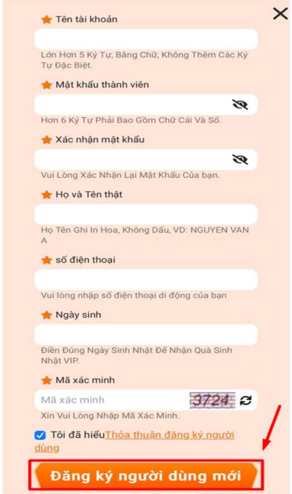 Điền đầy đủ thông tin đăng ký theo yêu cầu