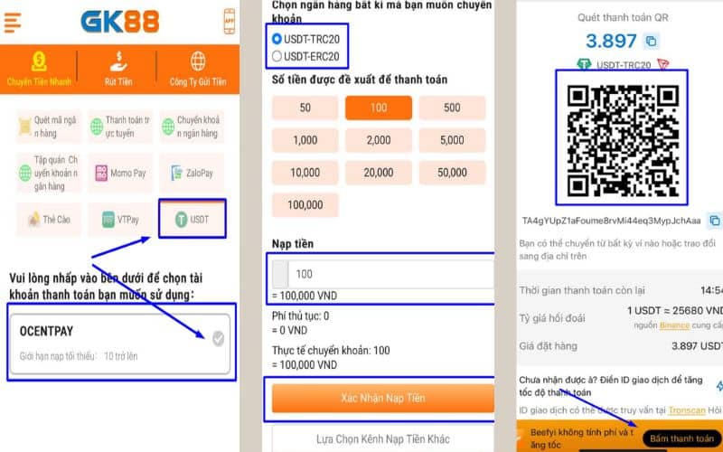 Nạp tiền GK88 bằng phương thức USDT