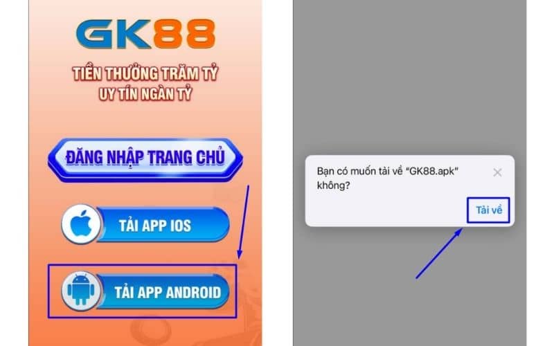 Truy cập vào trang chủ và chọn tải app GK88 dành cho Android