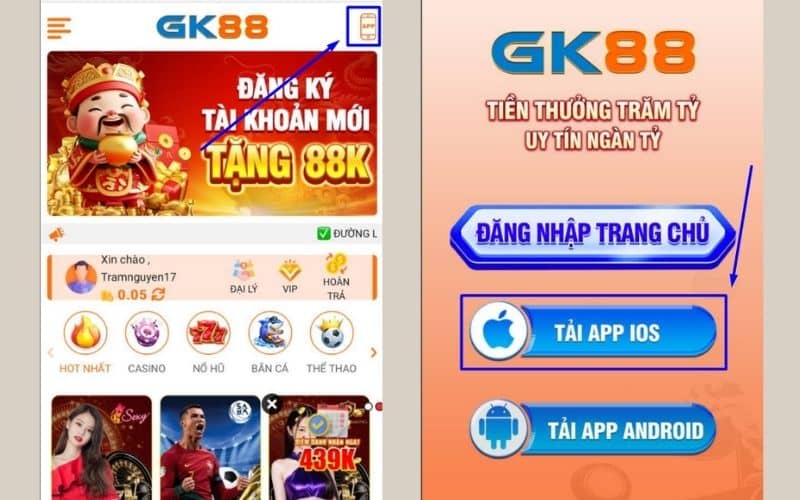 Truy cập vào trang chủ và chọn tải app GK88 dành cho iOS